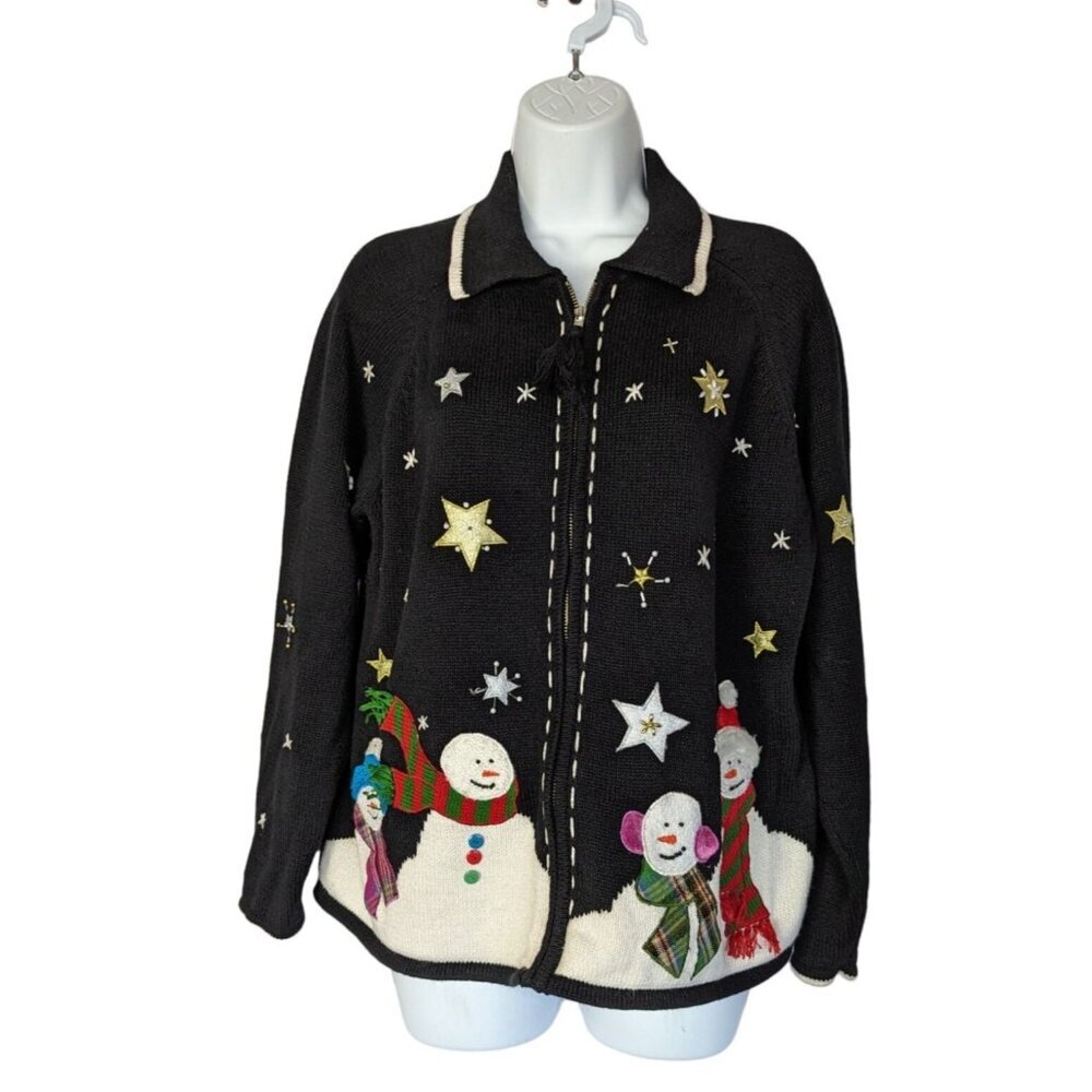 Designers Originals Studio Black & White Cardigan Sweater Christmas Zip up Size